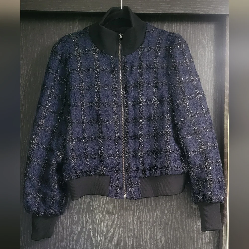 Marled Midnight Blue Checkered Bomber Jacket